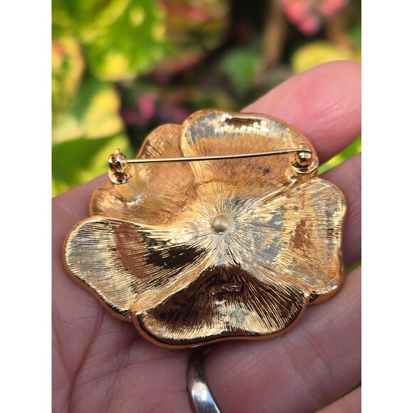 Vintage Monet Orange Enamel & Rhinestone Flower Brooch Pin, Gold Tone - Picture 9 of 10